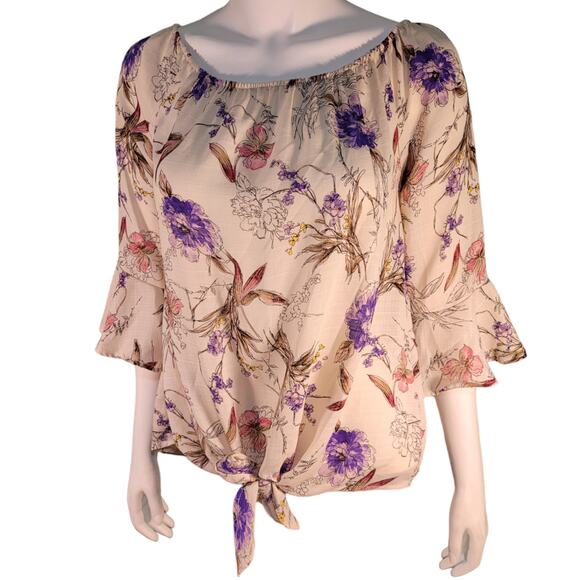 White Birch Floral Blouse Tan Tie Waist Sz Small Romantic Indie Garden Fairy - Picture 1 of 9